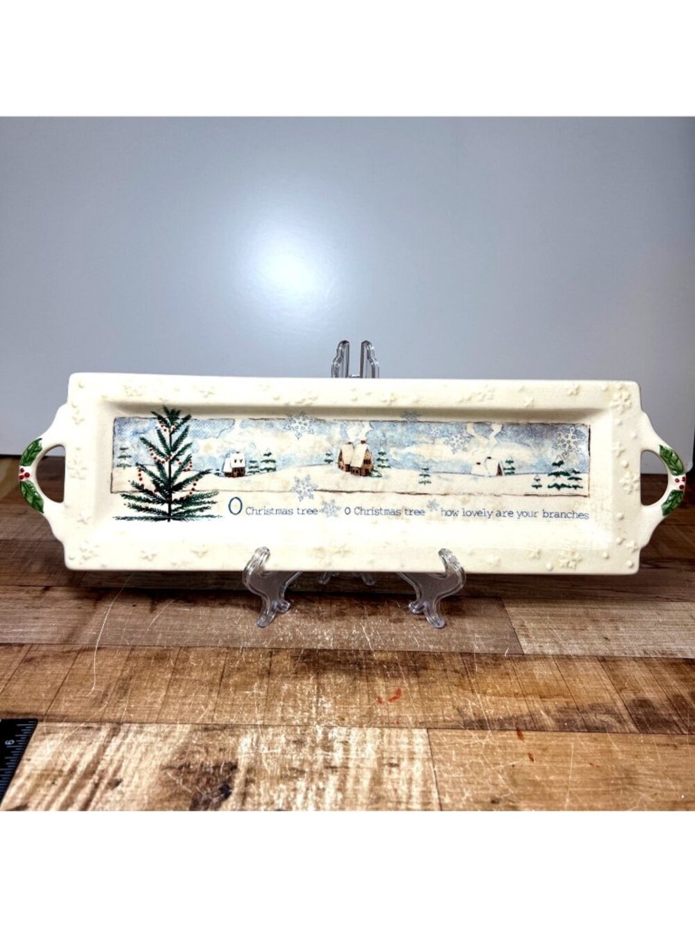 VTG Christmas Ceramic Serving Tray With "O Christmas Tree" Design Winter Village